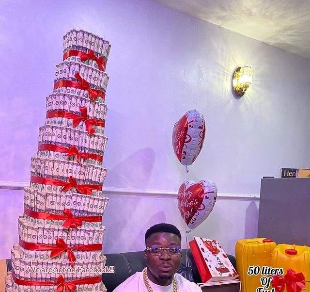 Lady gifts boyfriend $650 money cake, 50 liters fuel, and others for Valentine