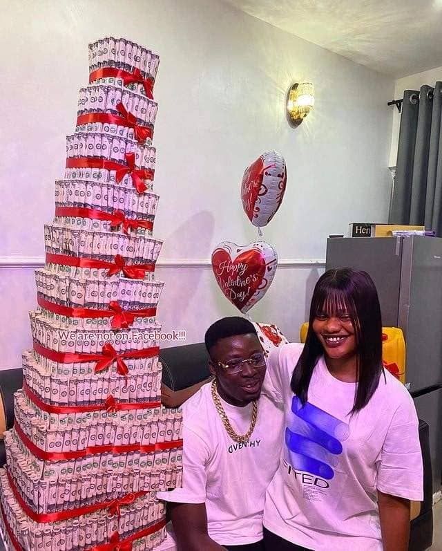 Young lady expresses love to her boyfriend with loads of gifts including $650 money cake, 50 liters fuel, and many others in the spirit of Valentine.